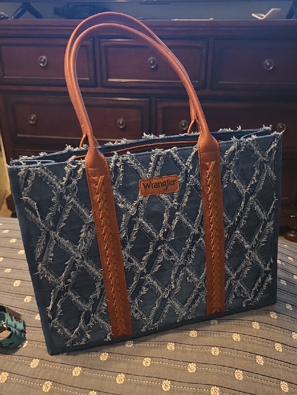 Wrangler Denim Tote with Brown Leather Handles